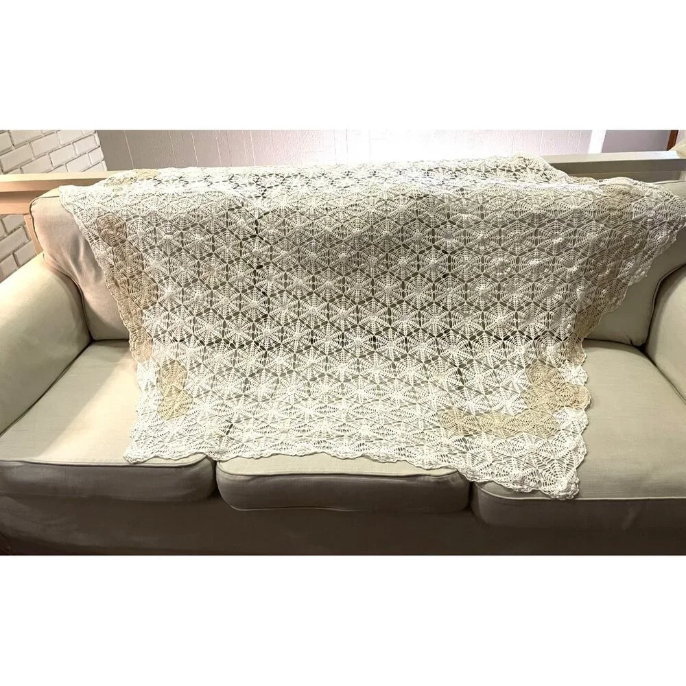 Vintage Handmade Crochet Tablecloth Used Cream Tan
